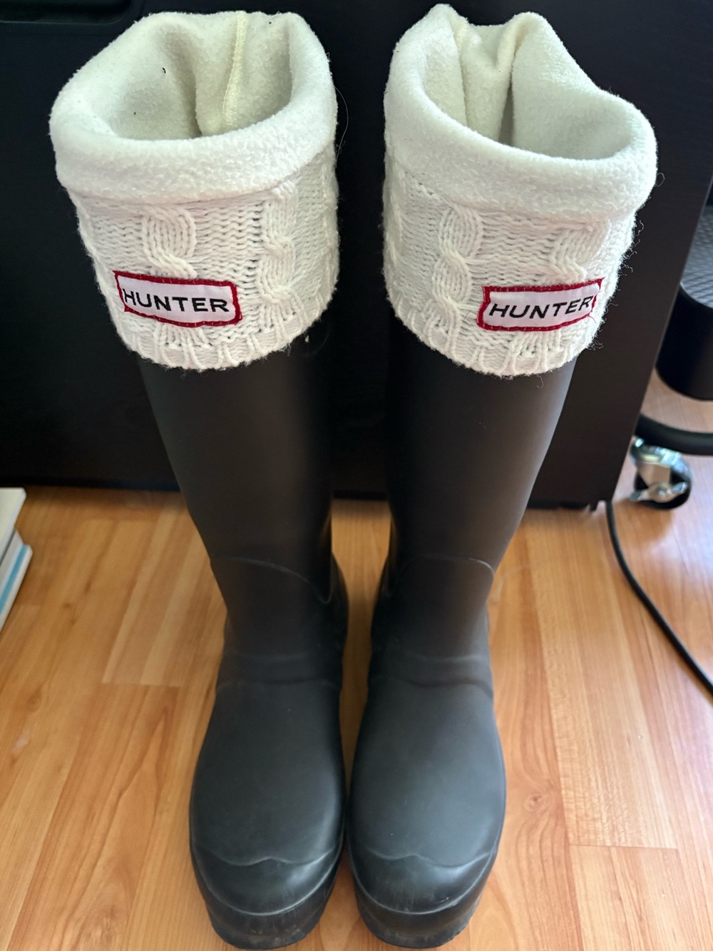 Hunter Black Tall Rain Boots with Cream Knit Boot Socks